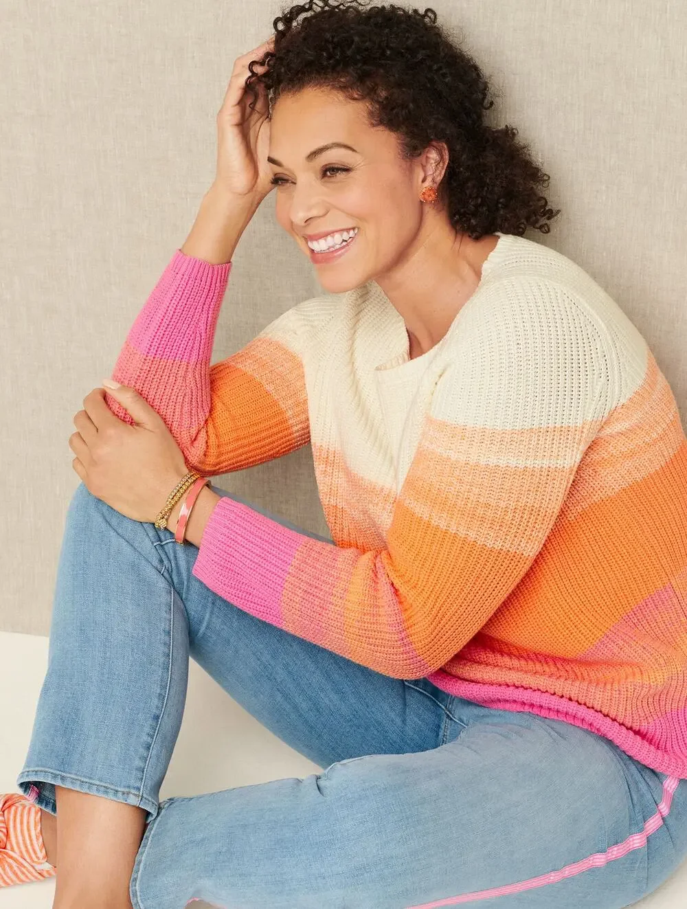 Talbots Shaker Stitch Ombre Stripe Bateau Neck Sweater Small Pink Orange